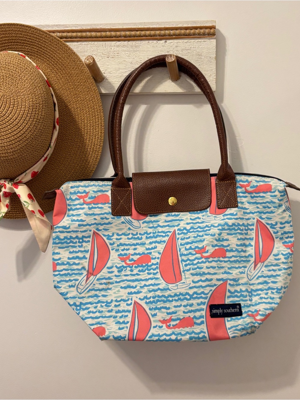 Simply Southern Coral & Blue Sailboat Tote